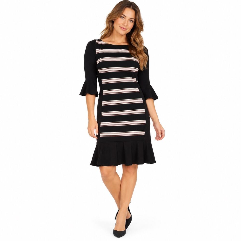 White House Black Market Womens 8 Striped Sheath Dress Bell Sleeve Flippy Hem